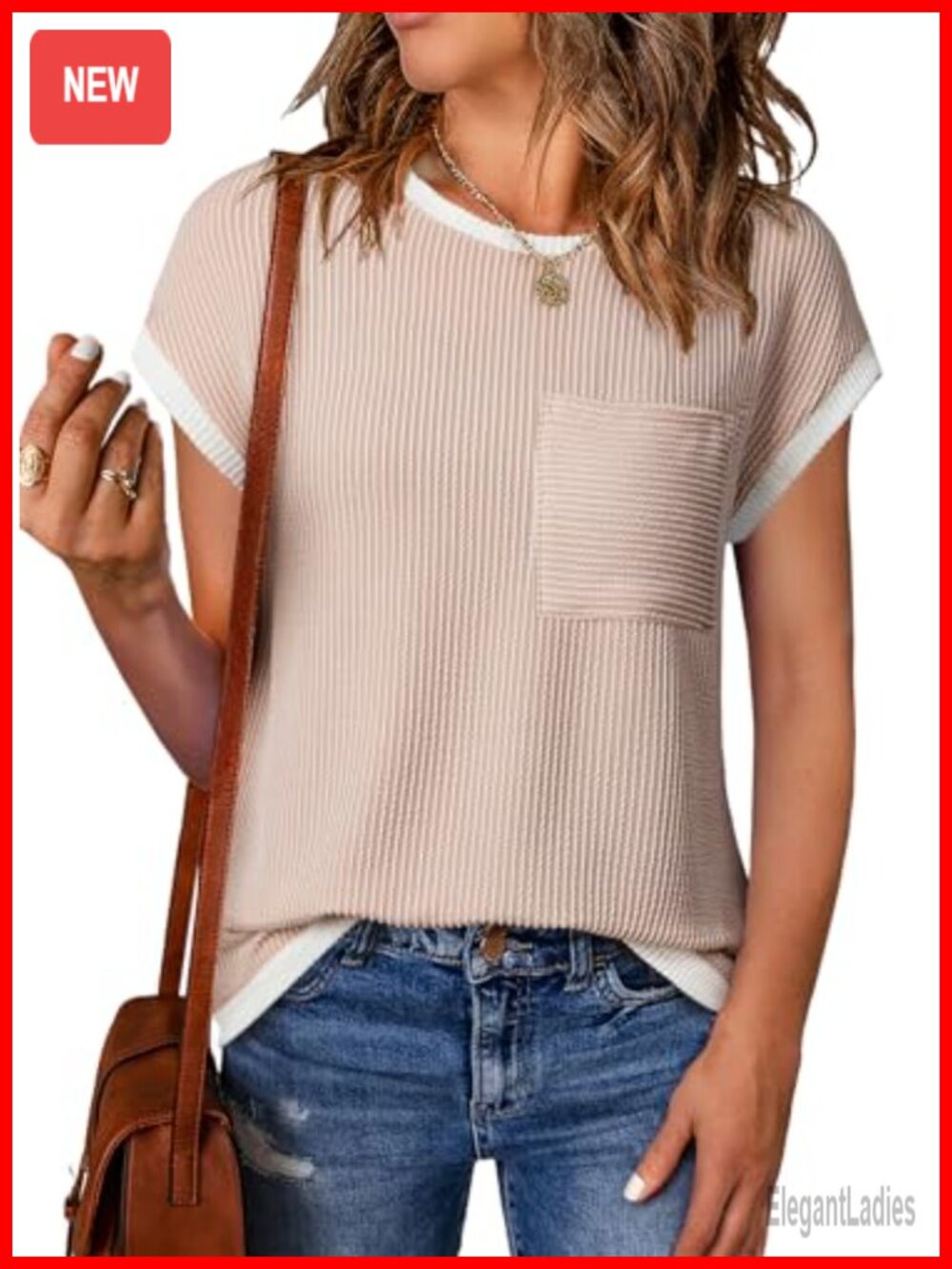 Womens Short Sleeve Ribbed Knit Crew Neck T-Shirt Casual Fitted Top